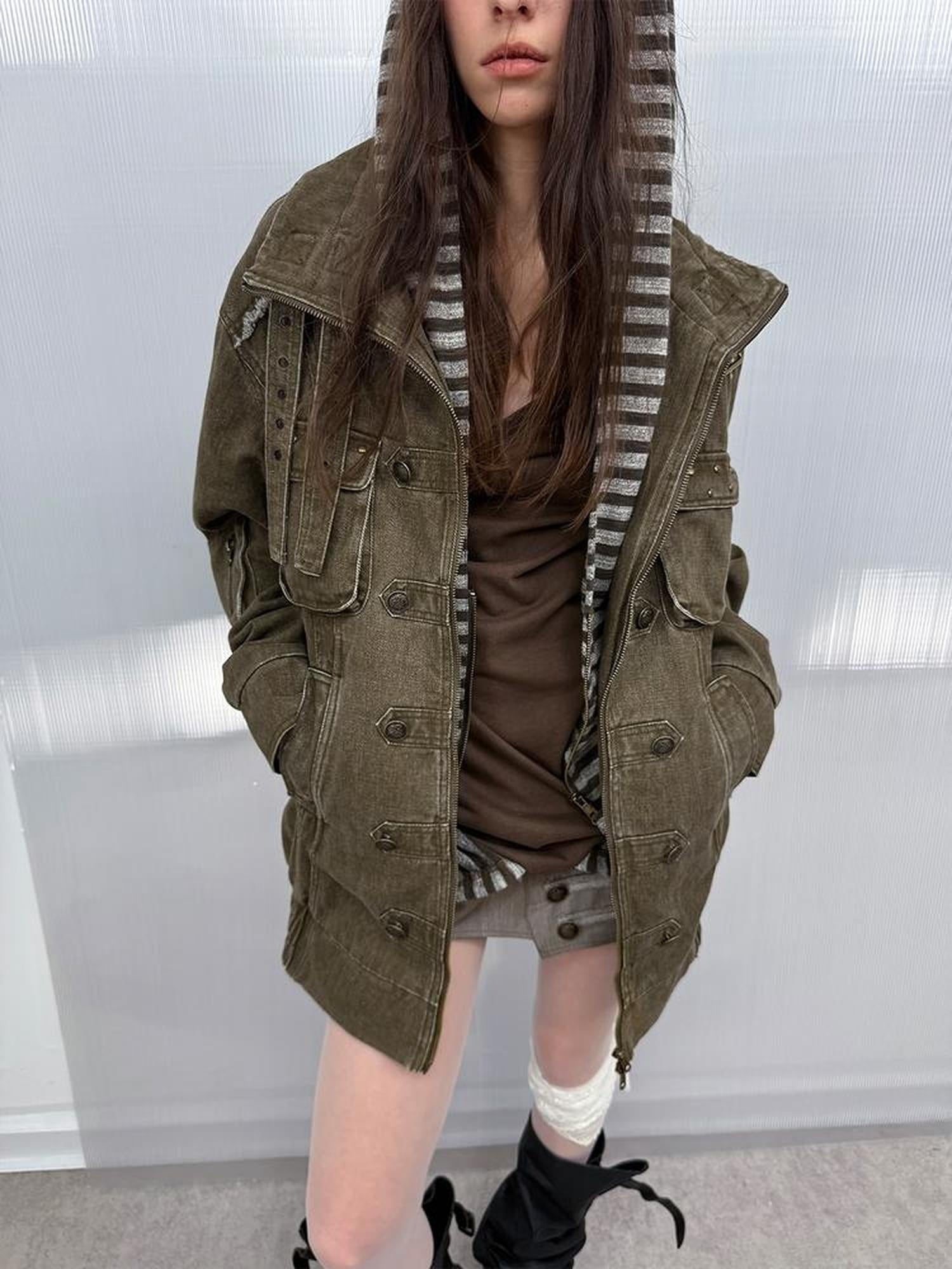 DoublePunch Insulated Utility Loose Fit Drop Shoulder Cotton Mid Length Women Jacket