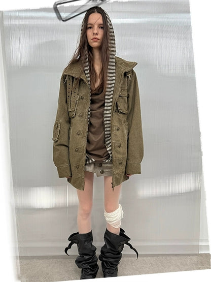 DoublePunch Insulated Utility Loose Fit Drop Shoulder Cotton Mid Length Women Jacket