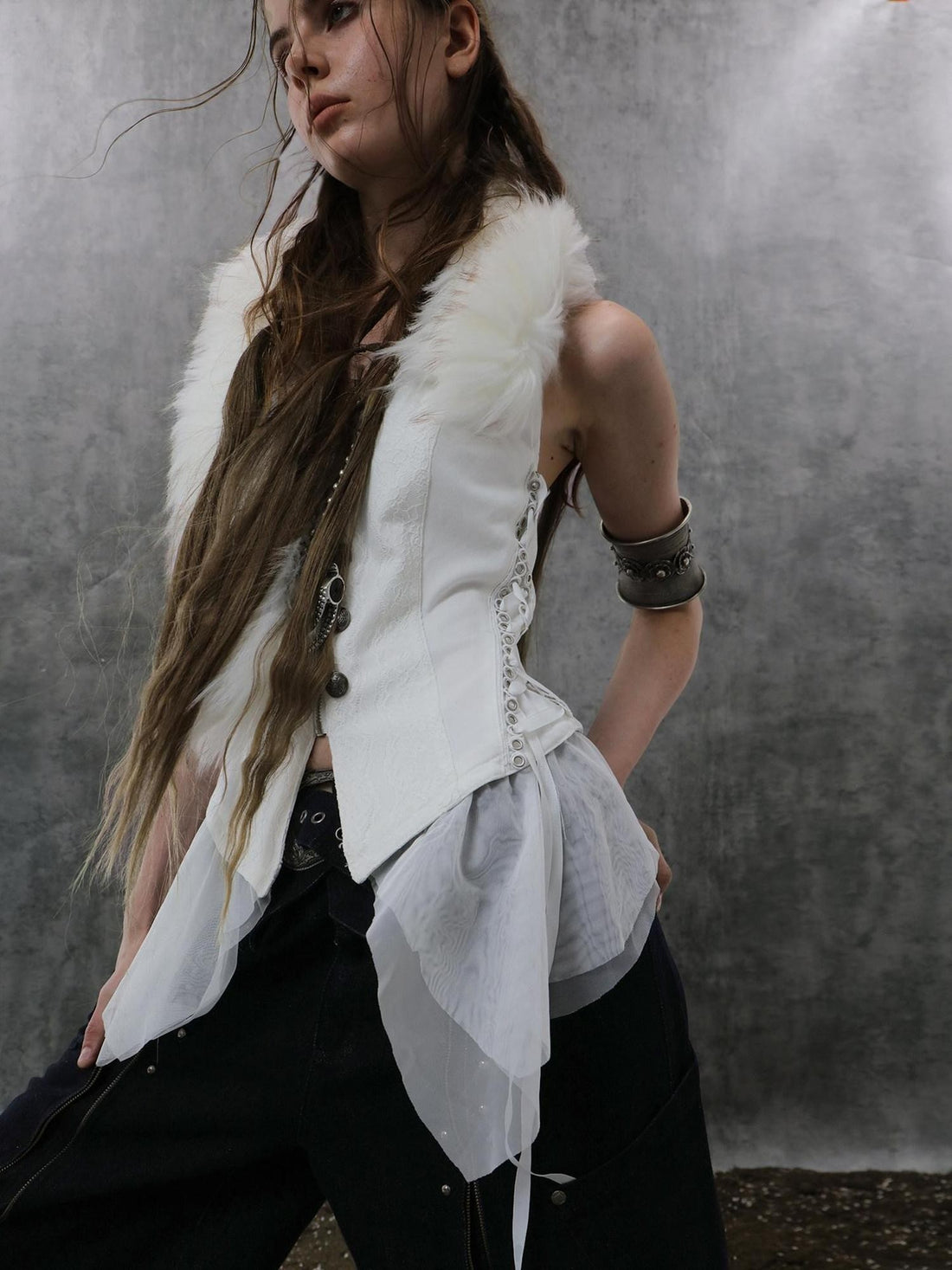 DoublePunch Lace Jacquard Spliced Vintage Metal Button Fur Collar Women&