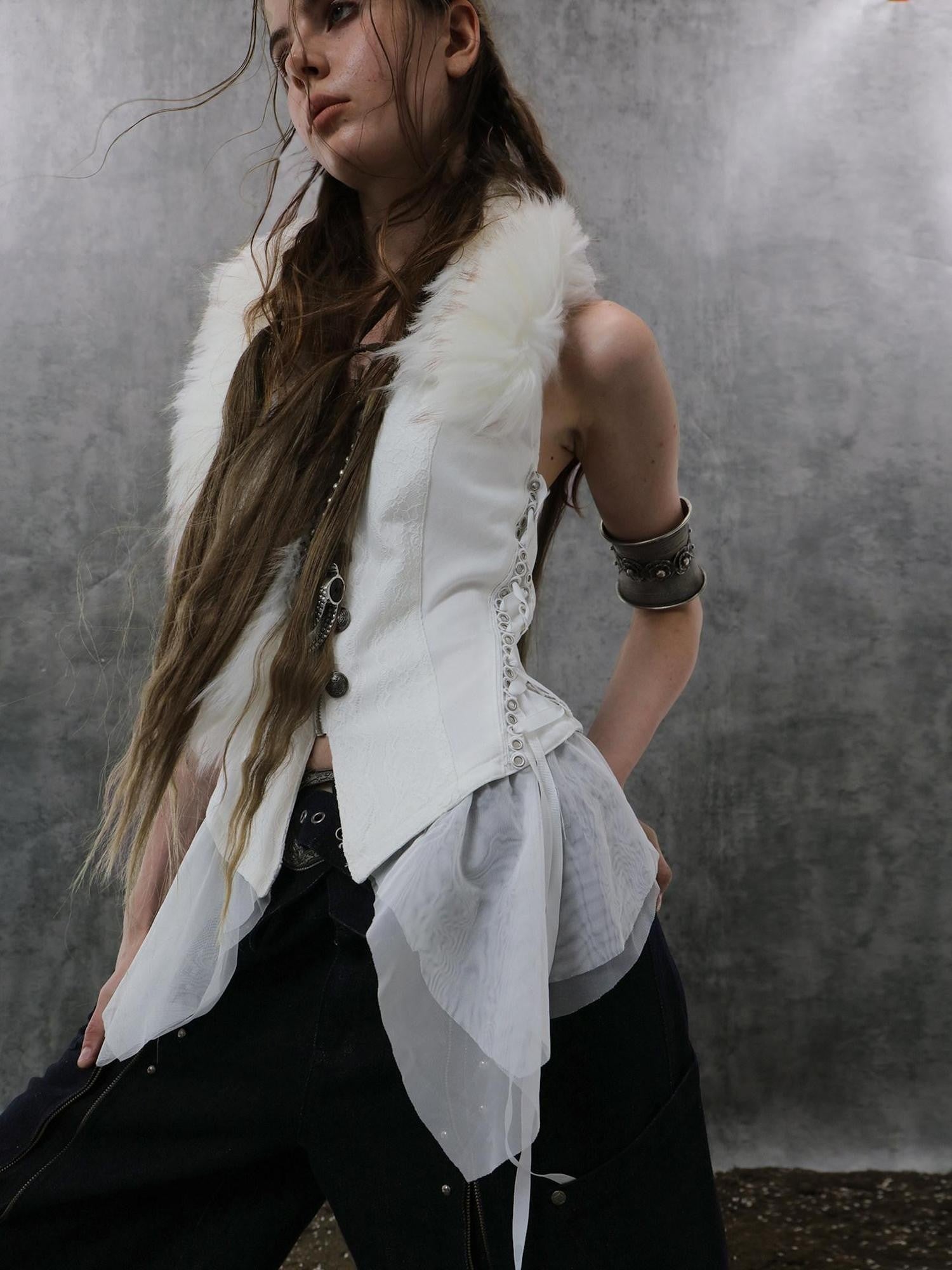 DoublePunch Lace Jacquard Spliced Vintage Metal Button Fur Collar Women&