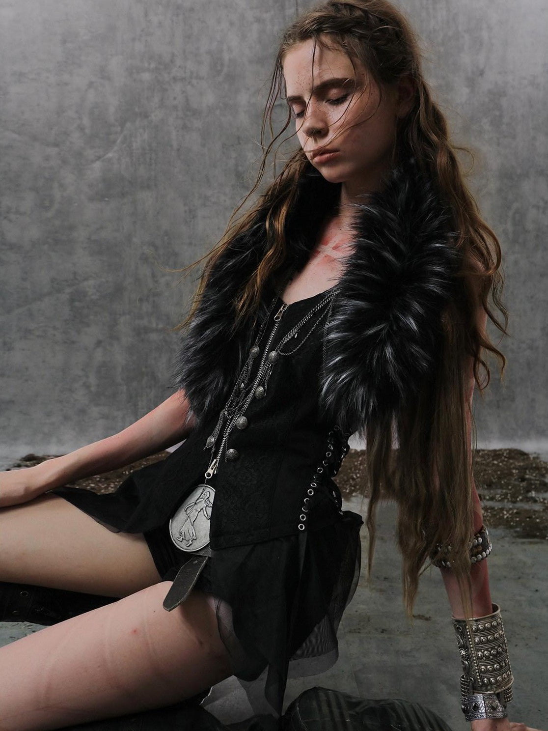 DoublePunch Lace Jacquard Spliced Vintage Metal Button Fur Collar Women&