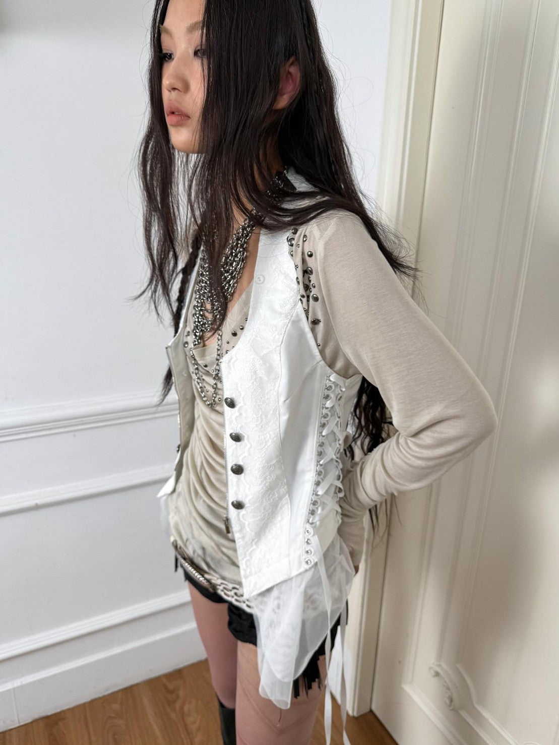 DoublePunch Lace Jacquard Spliced Vintage Metal Button Fur Collar Women&