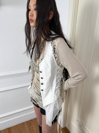 DoublePunch Lace Jacquard Spliced Vintage Metal Button Fur Collar Women&