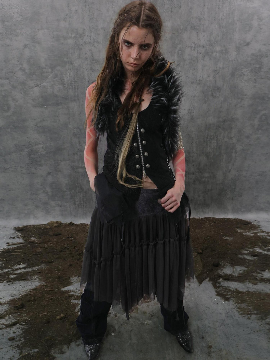 DoublePunch Lace Jacquard Spliced Vintage Metal Button Fur Collar Women&