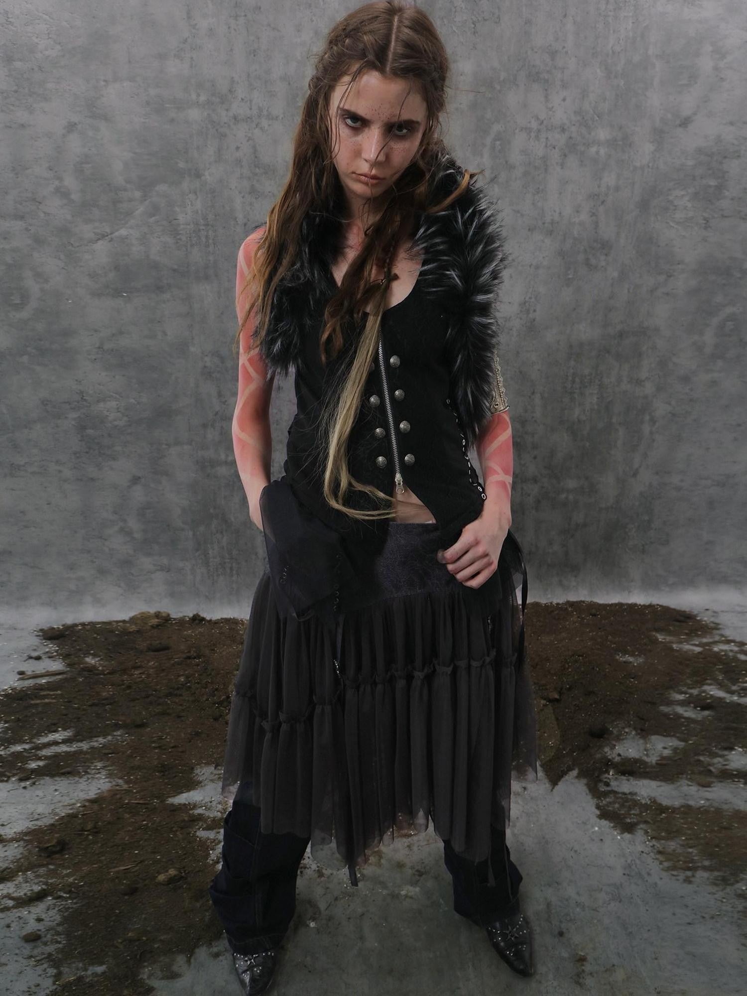 DoublePunch Lace Jacquard Spliced Vintage Metal Button Fur Collar Women&