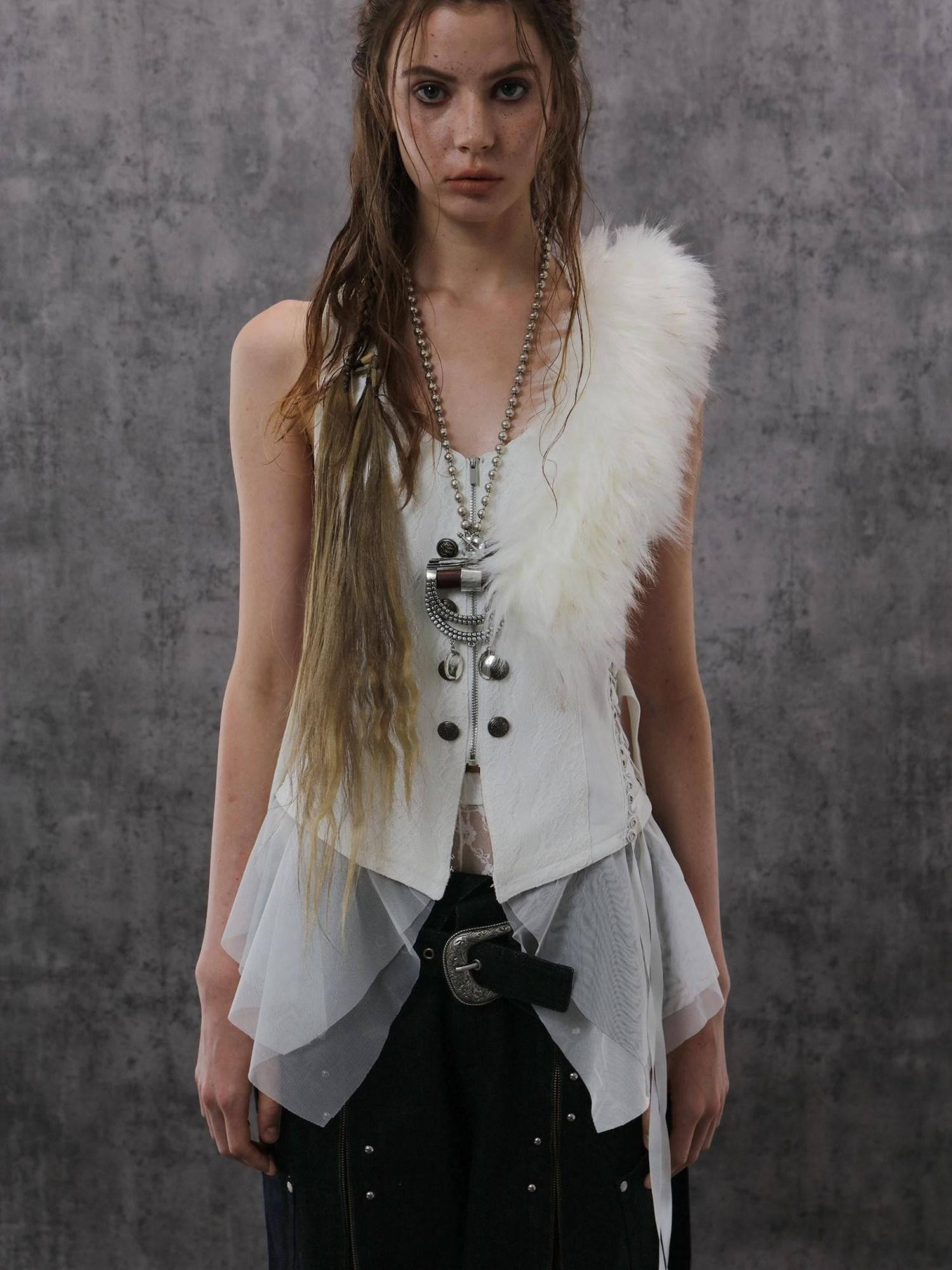 DoublePunch Lace Jacquard Spliced Vintage Metal Button Fur Collar Women&