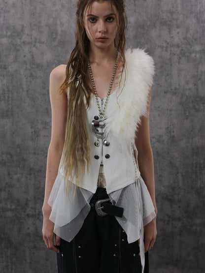 DoublePunch Lace Jacquard Spliced Vintage Metal Button Fur Collar Women&