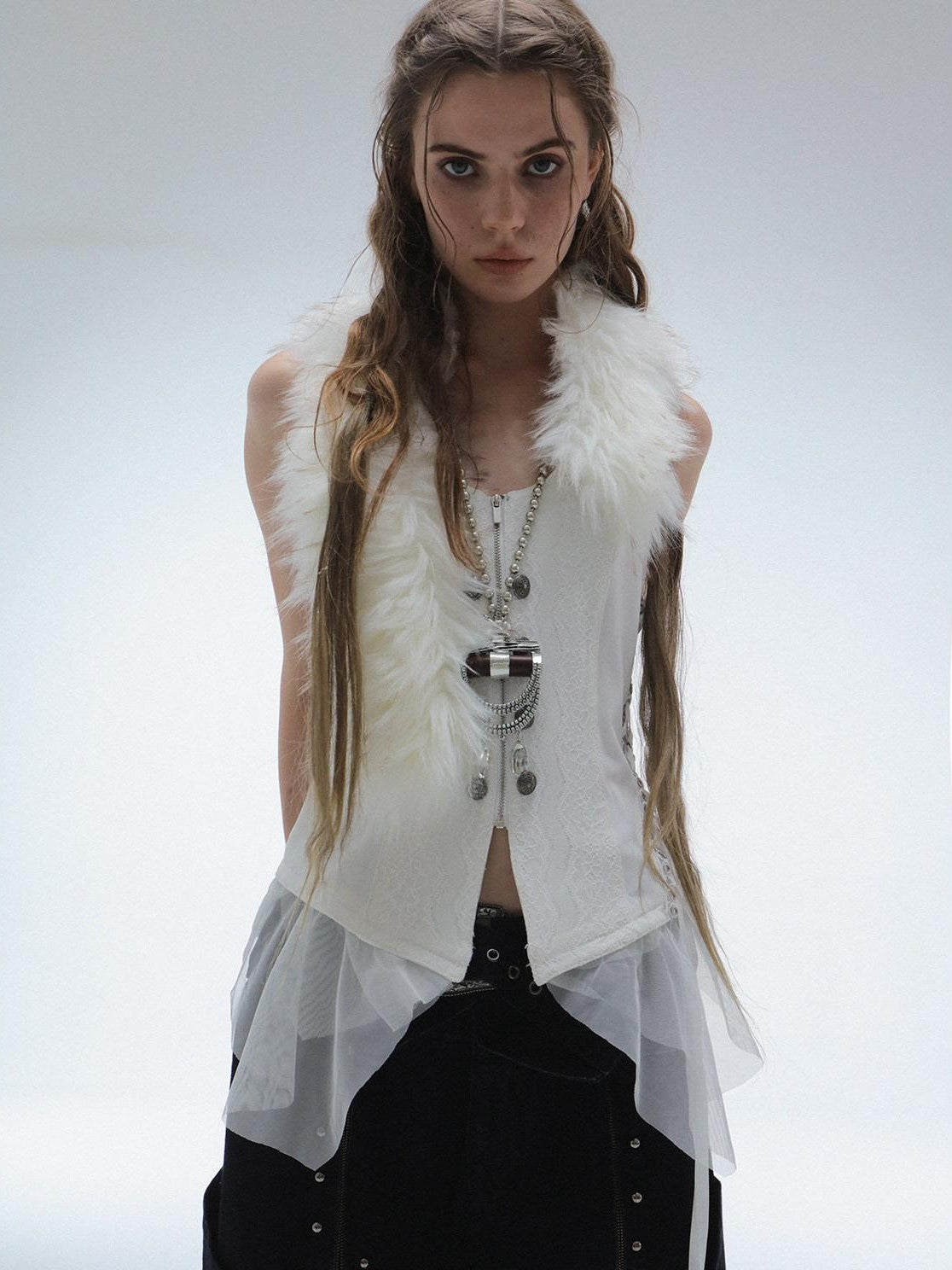 DoublePunch Lace Jacquard Spliced Vintage Metal Button Fur Collar Women&