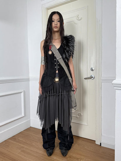 DoublePunch Lace Jacquard Waist Mesh Pleated Layered Women&