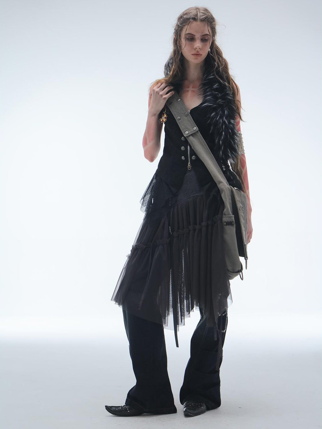 DoublePunch Lace Jacquard Waist Mesh Pleated Layered Women&