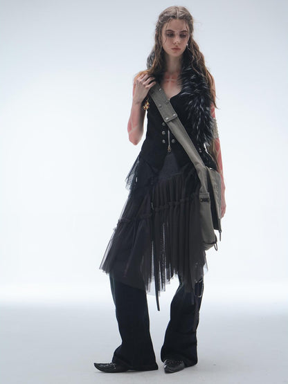 DoublePunch Lace Jacquard Waist Mesh Pleated Layered Women&
