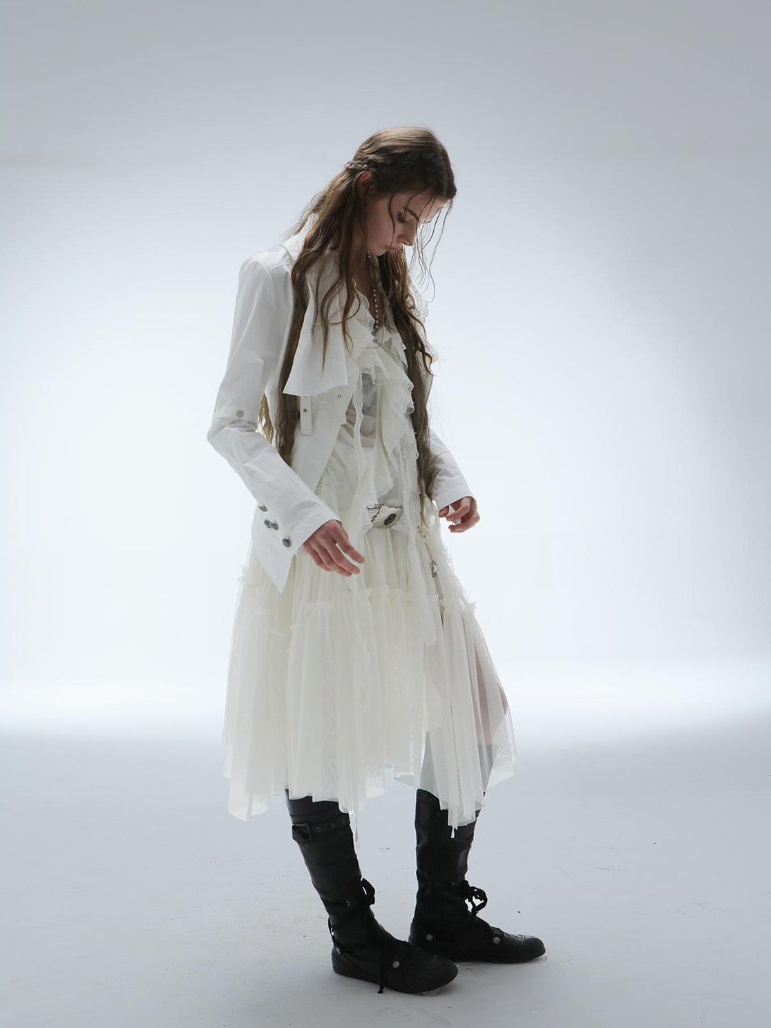 DoublePunch Lace Jacquard Waist Mesh Pleated Layered Women&