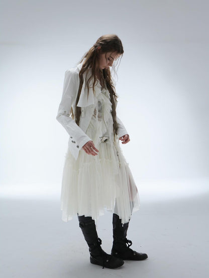 DoublePunch Lace Jacquard Waist Mesh Pleated Layered Women&