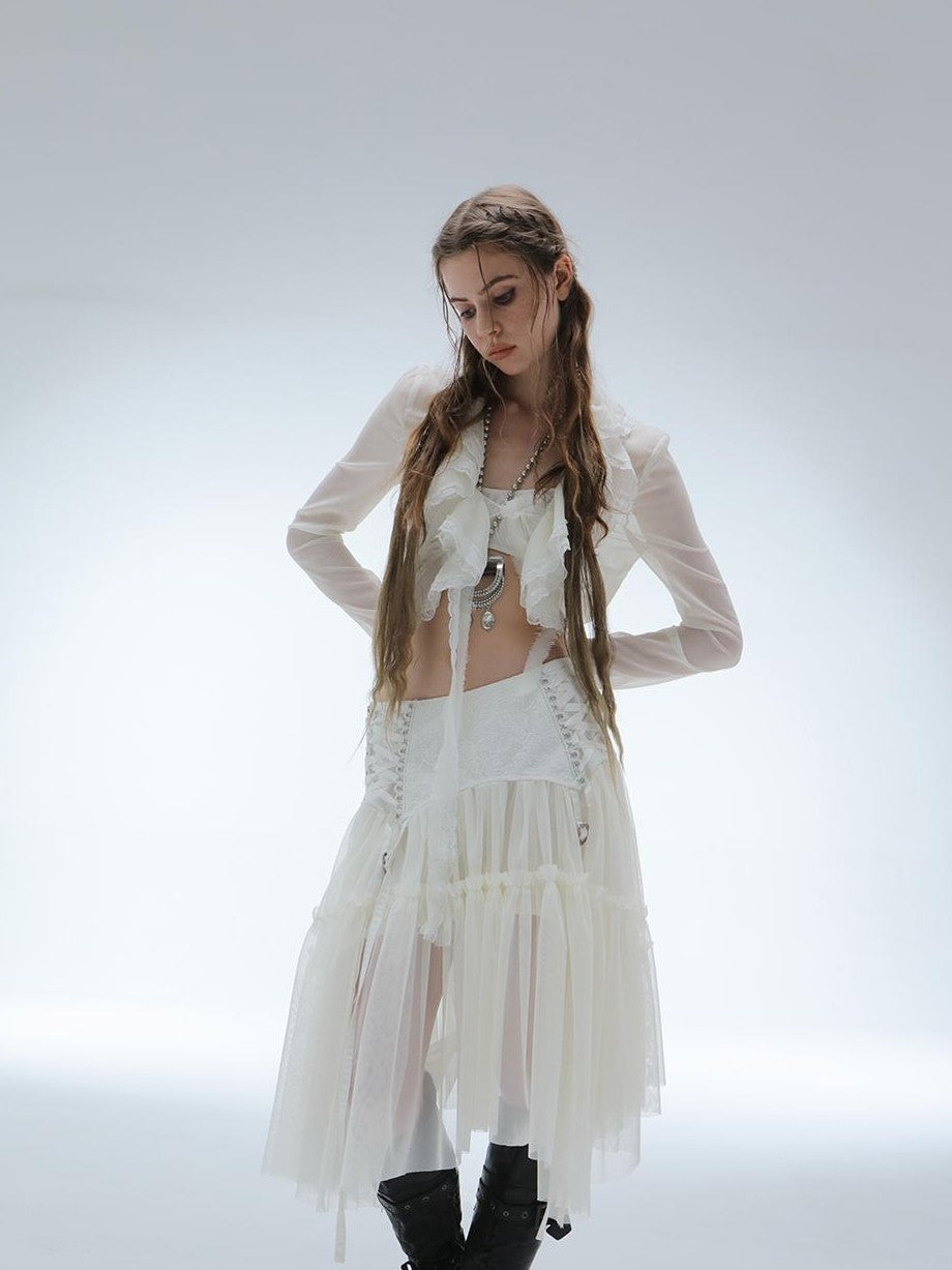 DoublePunch Lace Jacquard Waist Mesh Pleated Layered Women&