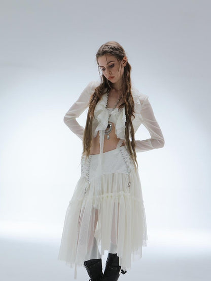 DoublePunch Lace Jacquard Waist Mesh Pleated Layered Women&