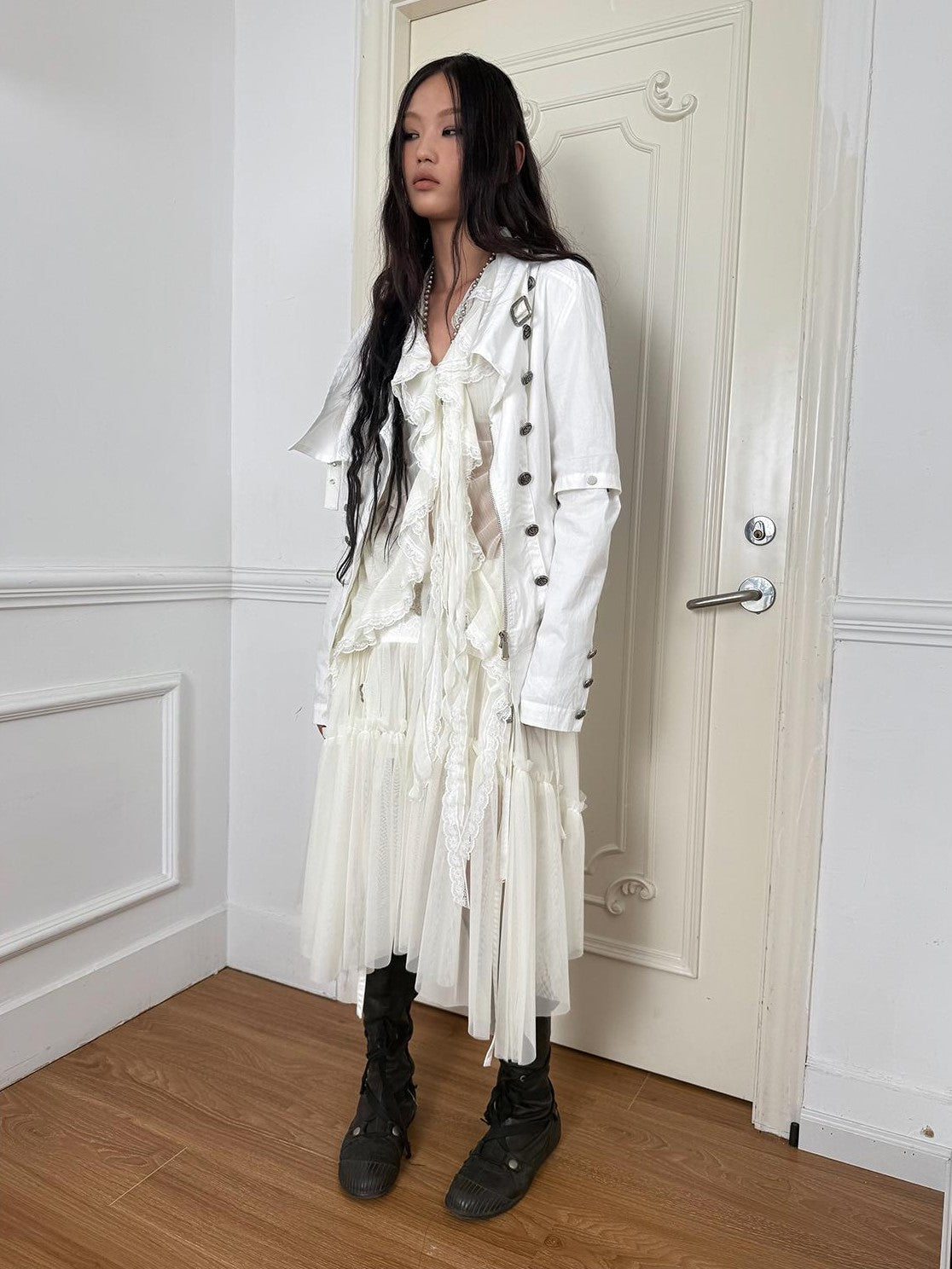 DoublePunch Lace Jacquard Waist Mesh Pleated Layered Women&