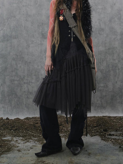 DoublePunch Lace Jacquard Waist Mesh Pleated Layered Women&