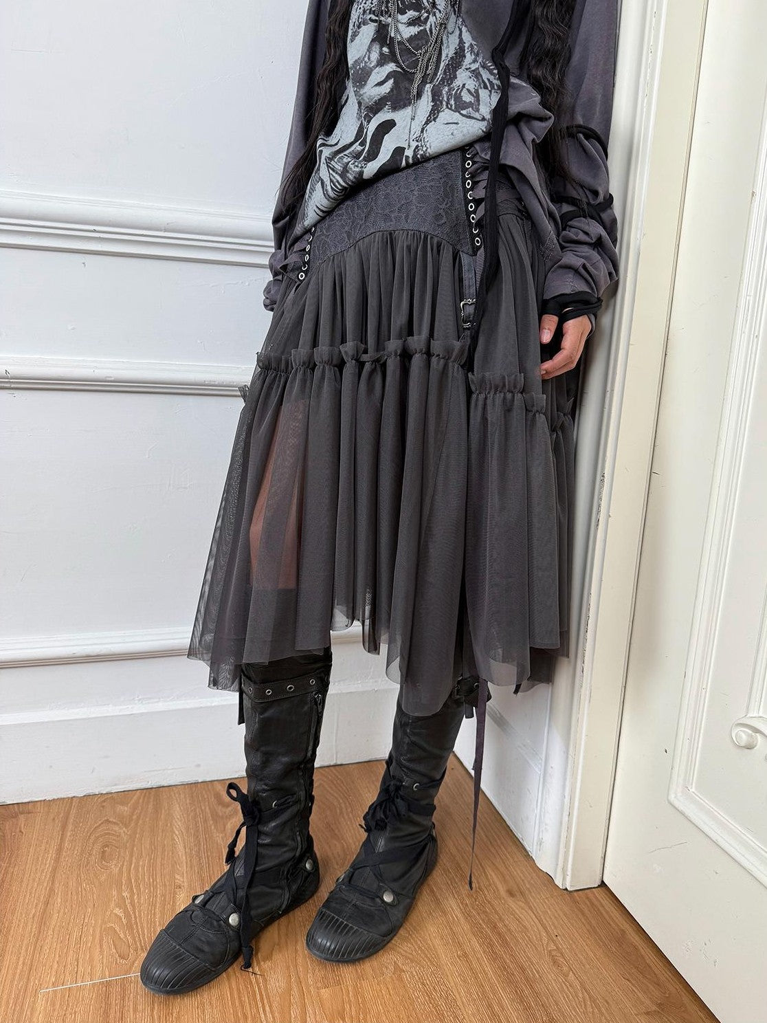 DoublePunch Lace Jacquard Waist Mesh Pleated Layered Women&