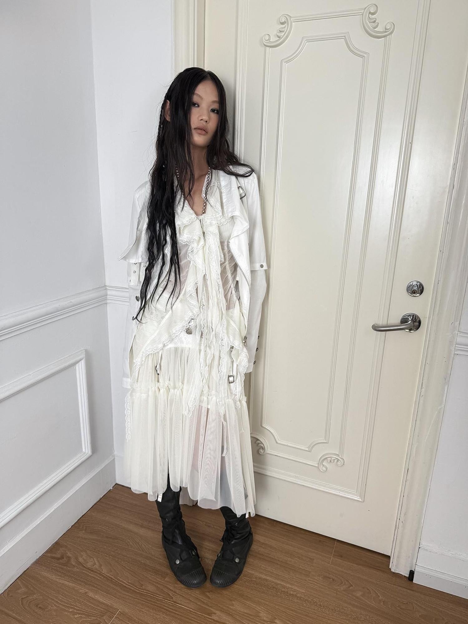 DoublePunch Lace Jacquard Waist Mesh Pleated Layered Women&