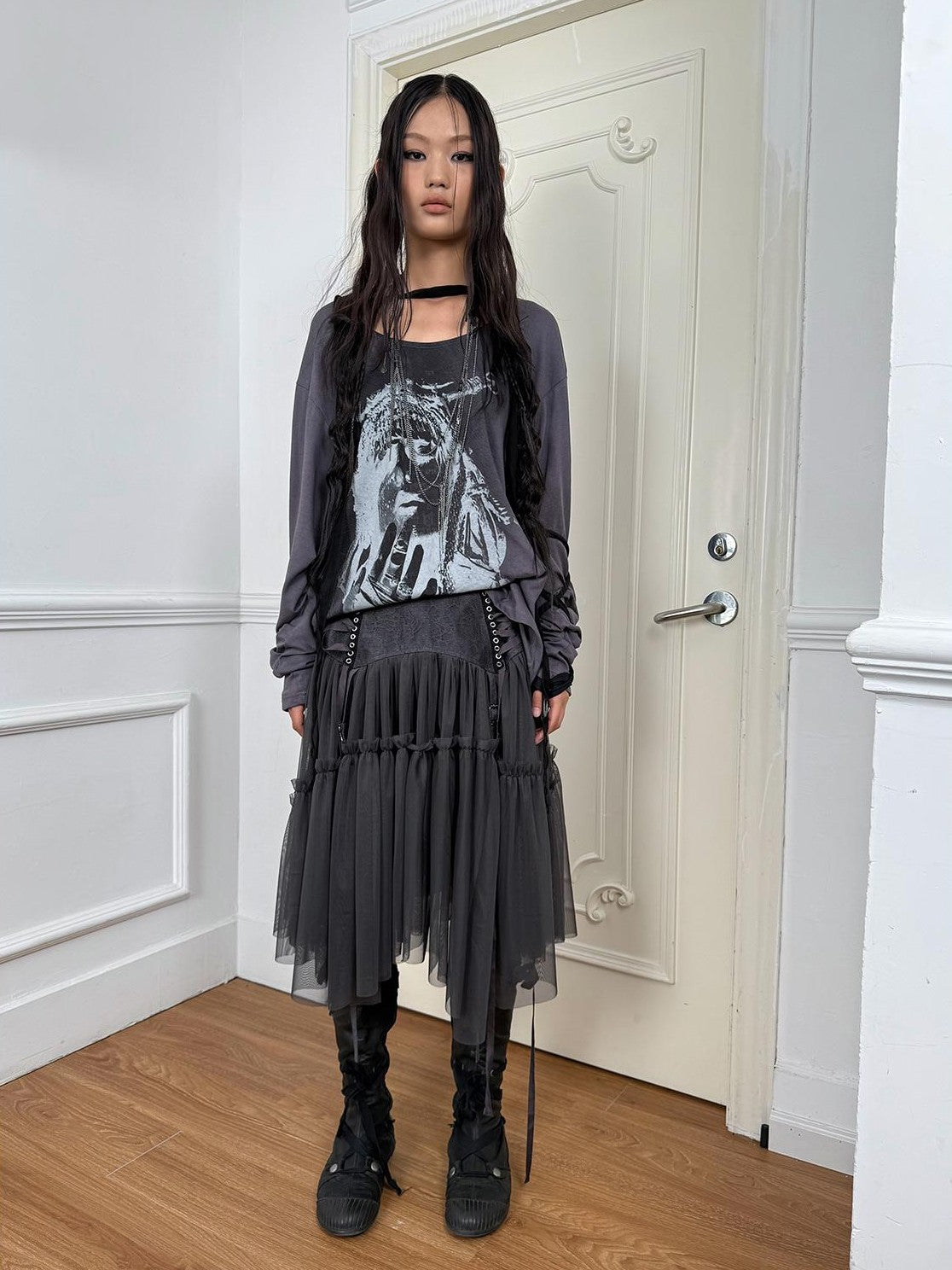 DoublePunch Lace Jacquard Waist Mesh Pleated Layered Women&
