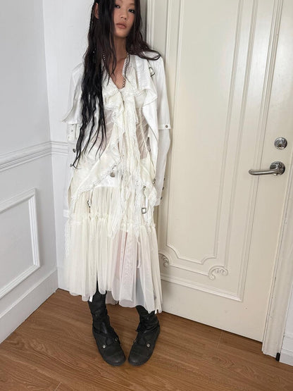 DoublePunch Lace Jacquard Waist Mesh Pleated Layered Women&