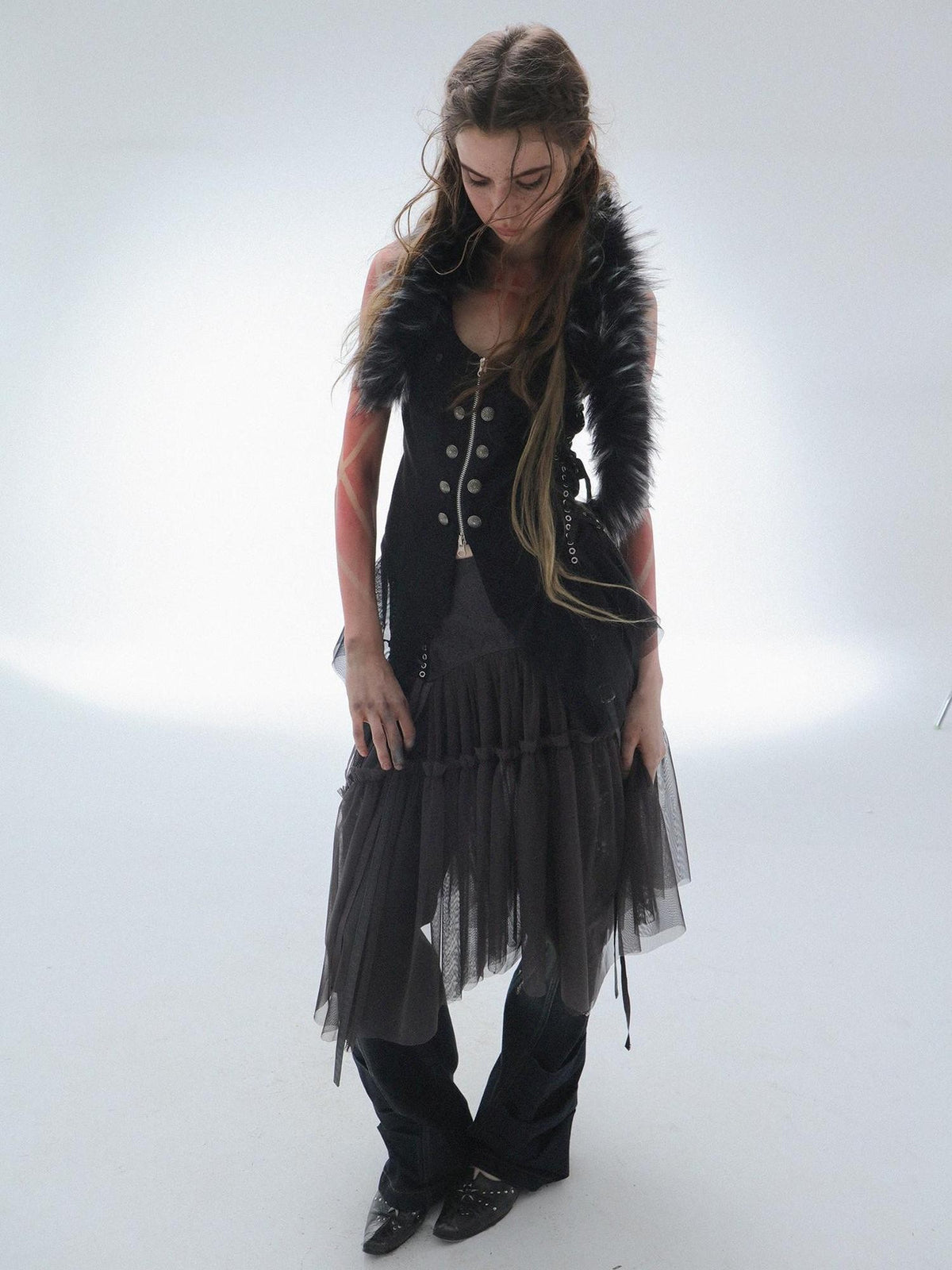 DoublePunch Lace Jacquard Waist Mesh Pleated Layered Women&