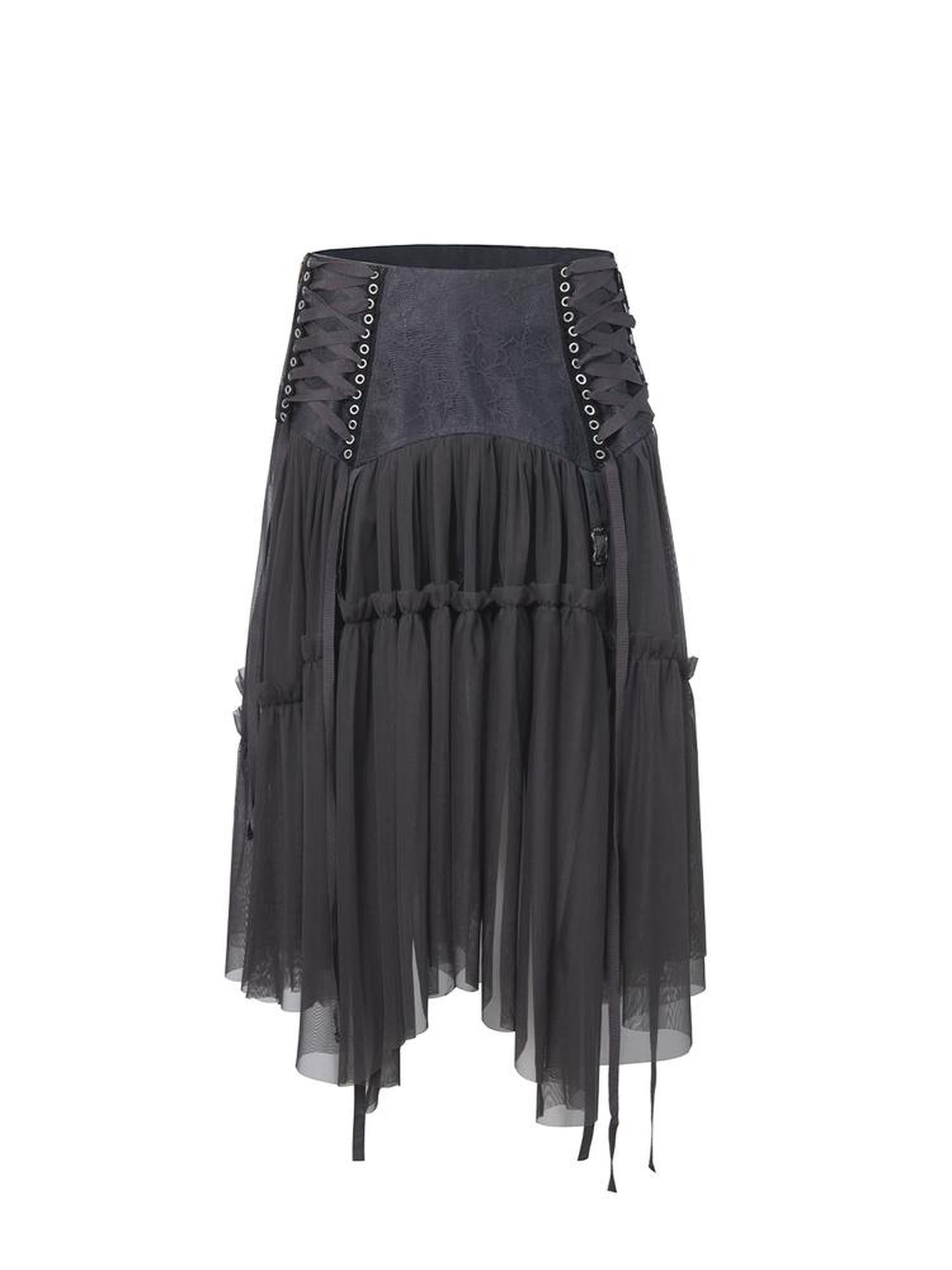 DoublePunch Lace Jacquard Waist Mesh Pleated Layered Women&