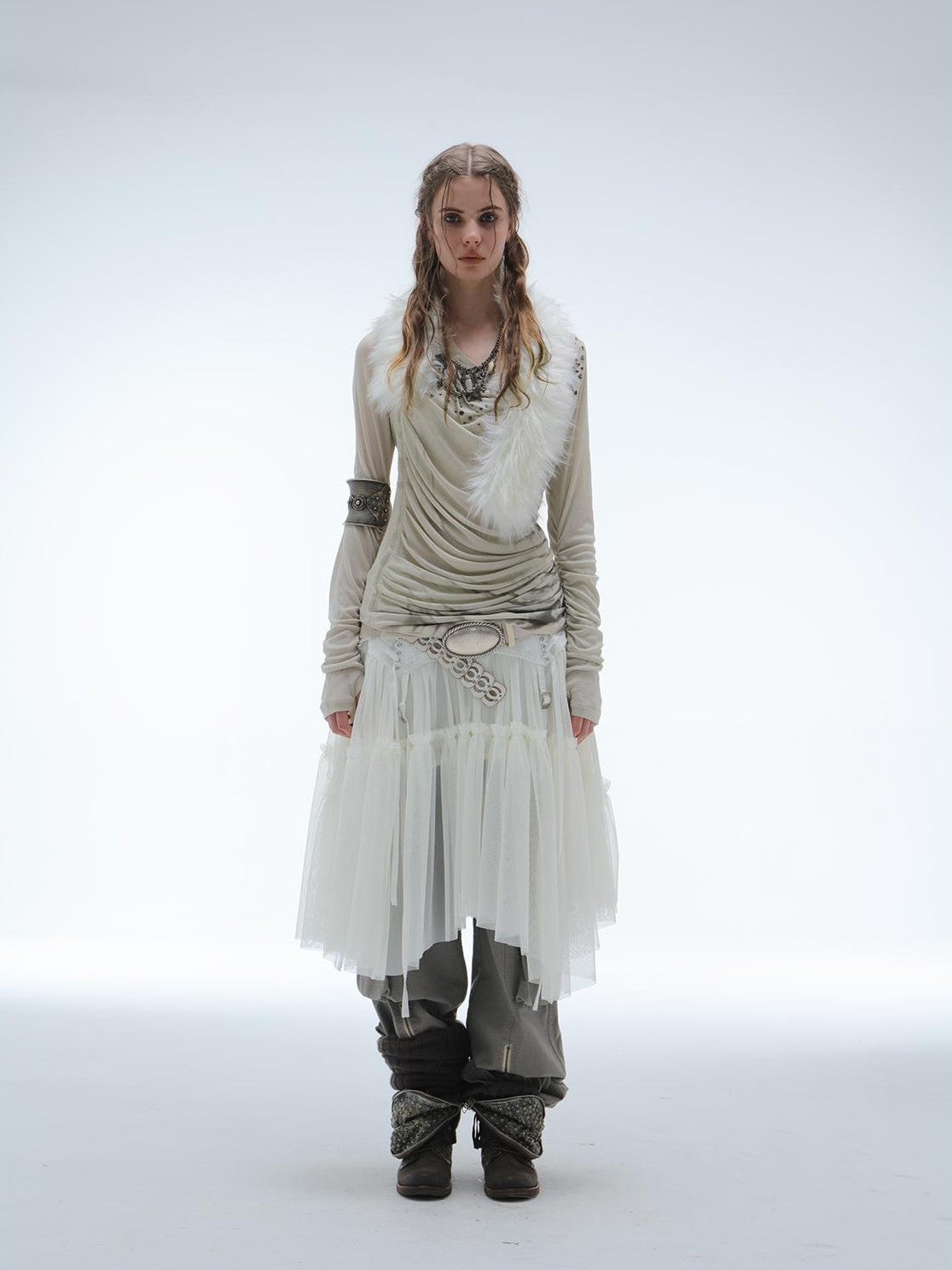 DoublePunch Lace Jacquard Waist Mesh Pleated Layered Women&