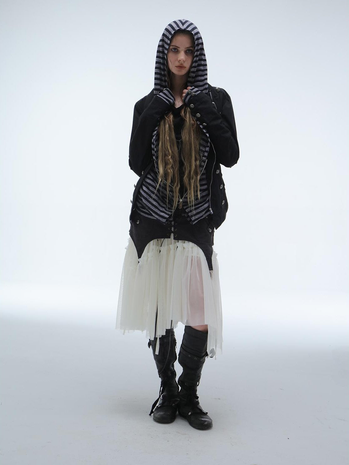 DoublePunch Lace Jacquard Waist Mesh Pleated Layered Women&
