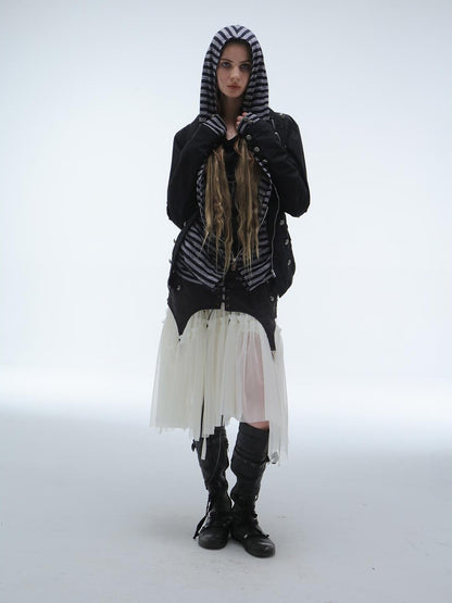 DoublePunch Lace Jacquard Waist Mesh Pleated Layered Women&