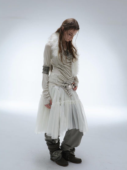DoublePunch Lace Jacquard Waist Mesh Pleated Layered Women&