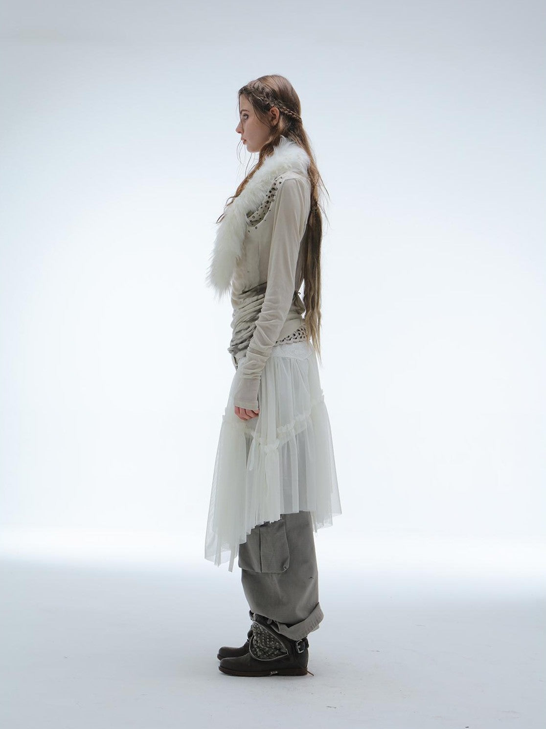 DoublePunch Lace Jacquard Waist Mesh Pleated Layered Women&