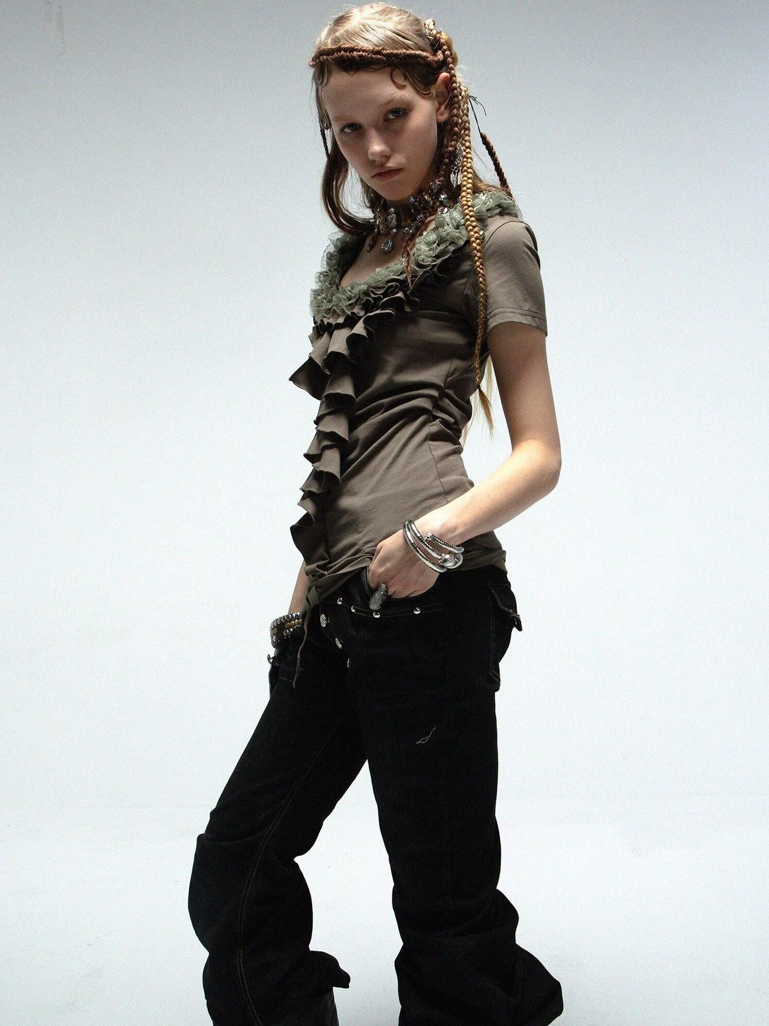 DoublePunch Layered Lace Ruffle Square Neck Women&