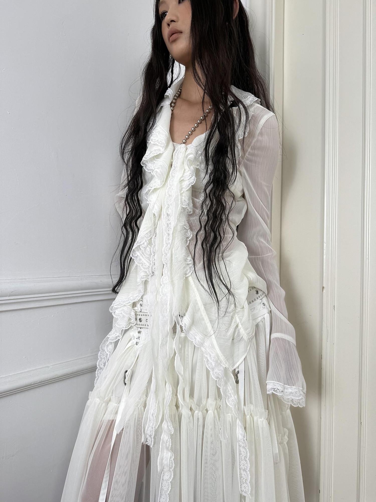 DoublePunch Lightweight Breathable Sheer Ruffle Collar Cinched Waist Vintage Women Blouse