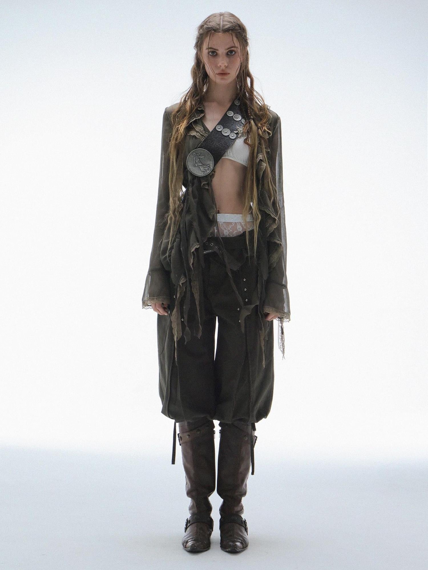 DoublePunch Lightweight Breathable Sheer Ruffle Collar Cinched Waist Vintage Women Blouse