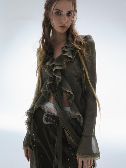 DoublePunch Lightweight Breathable Sheer Ruffle Collar Cinched Waist Vintage Women Blouse