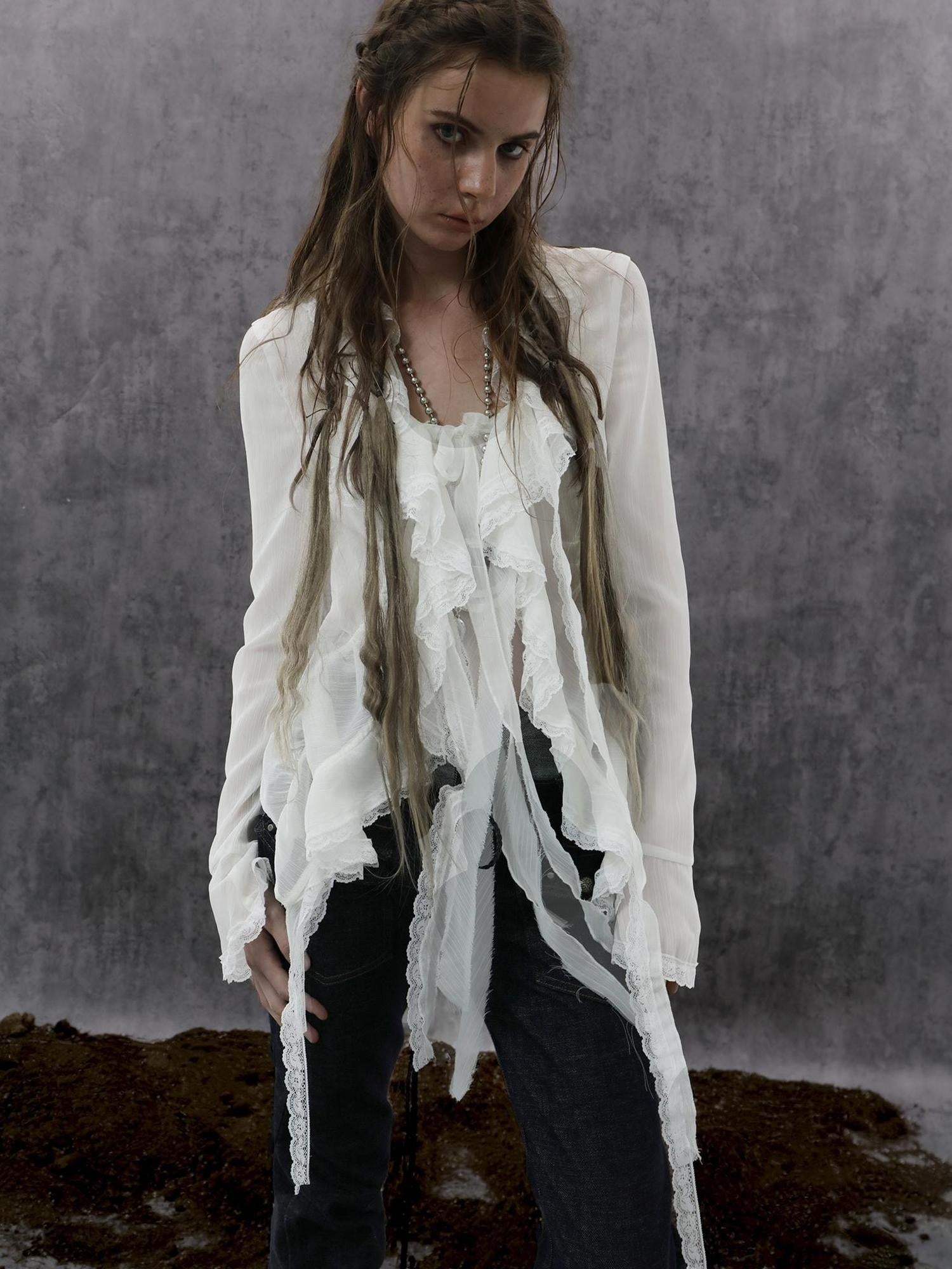 DoublePunch Lightweight Breathable Sheer Ruffle Collar Cinched Waist Vintage Women Blouse