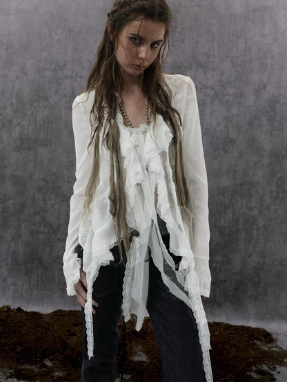 DoublePunch Lightweight Breathable Sheer Ruffle Collar Cinched Waist Vintage Women Blouse