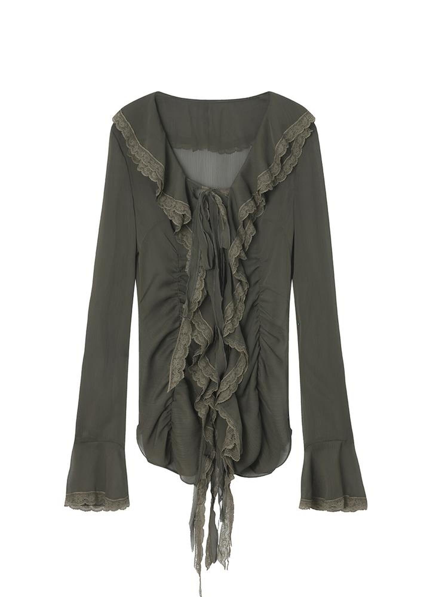 DoublePunch Lightweight Breathable Sheer Ruffle Collar Cinched Waist Vintage Women Blouse