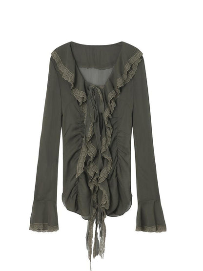DoublePunch Lightweight Breathable Sheer Ruffle Collar Cinched Waist Vintage Women Blouse