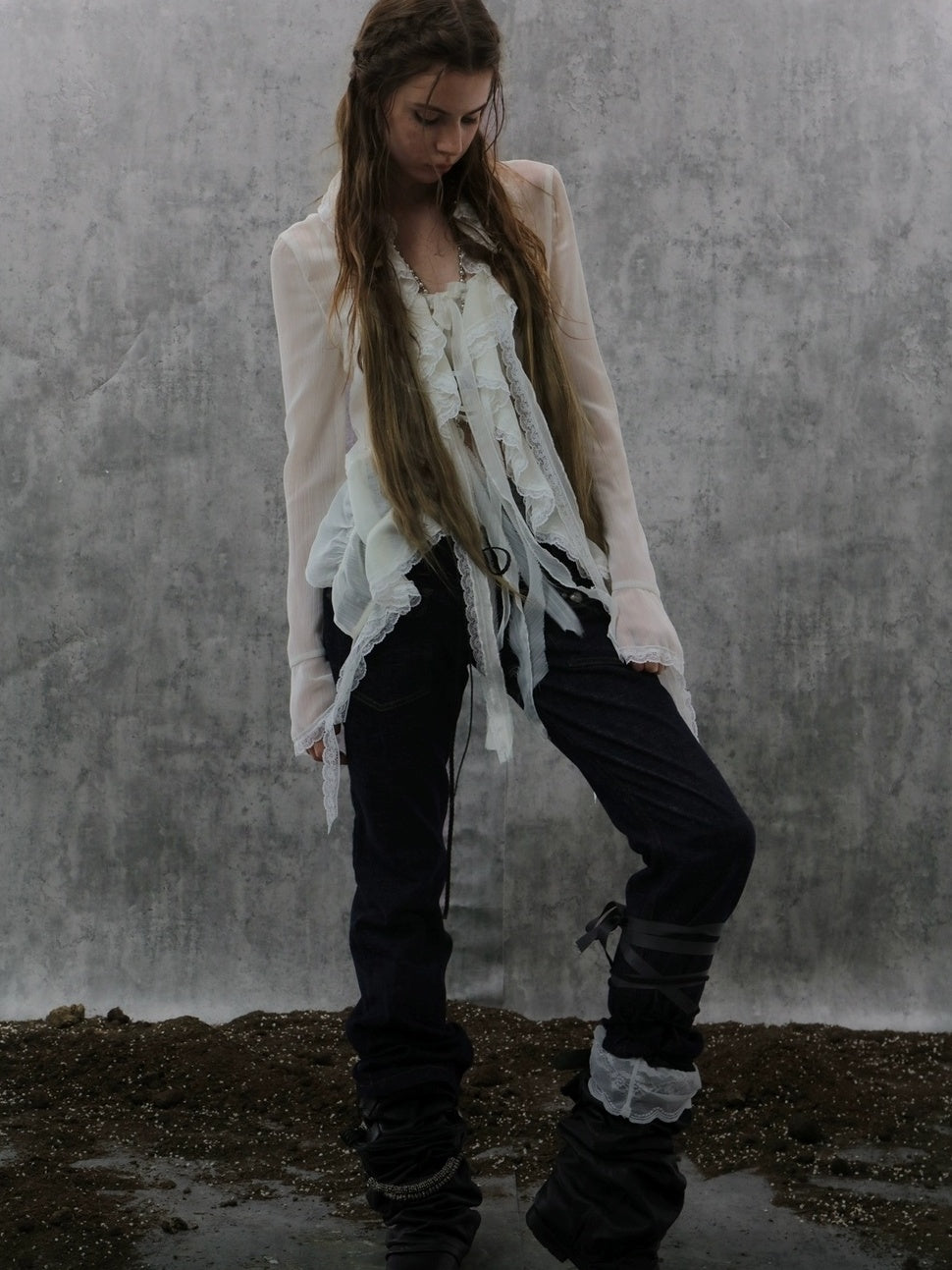 DoublePunch Lightweight Breathable Sheer Ruffle Collar Cinched Waist Vintage Women Blouse