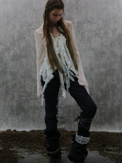 DoublePunch Lightweight Breathable Sheer Ruffle Collar Cinched Waist Vintage Women Blouse