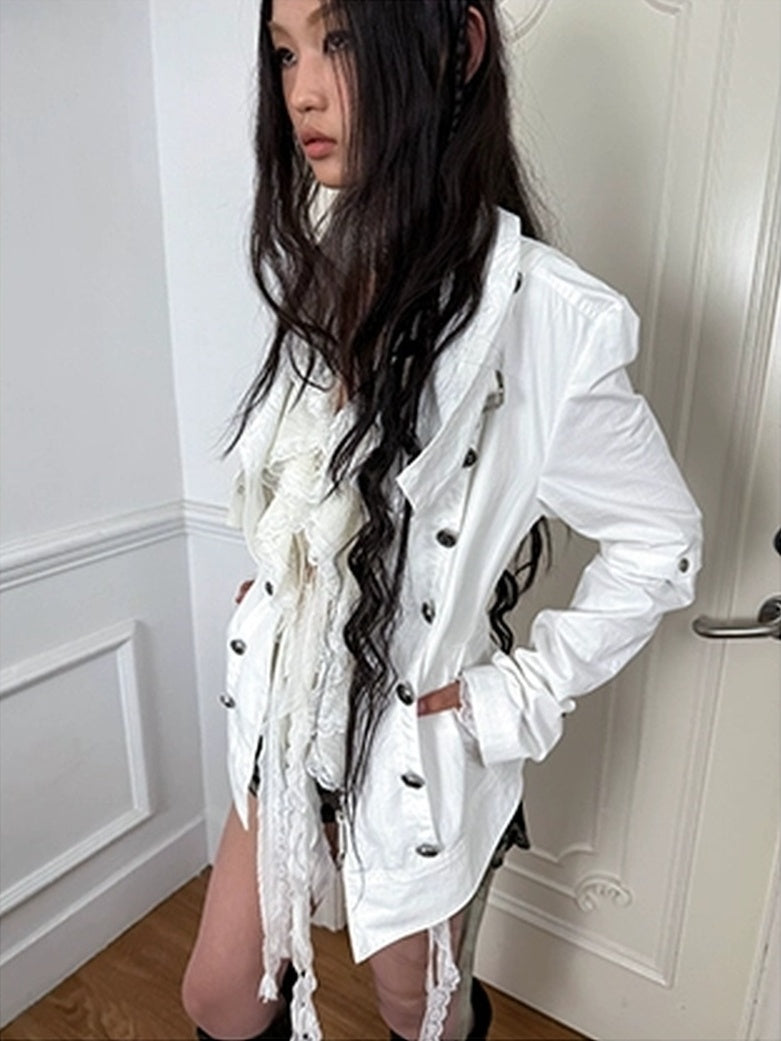 DoublePunch Lightweight Breathable Sheer Ruffle Collar Cinched Waist Vintage Women Blouse