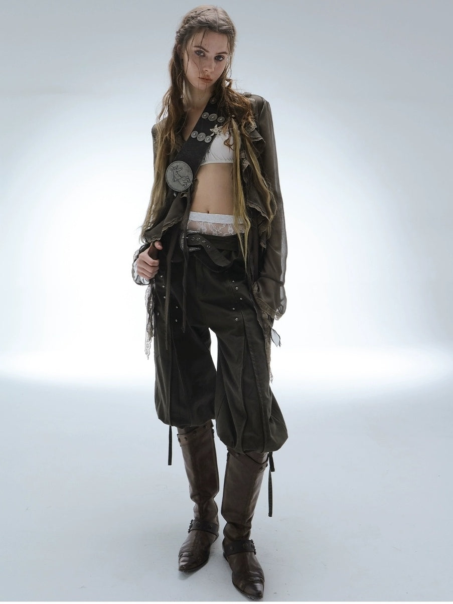 DoublePunch Lightweight Breathable Sheer Ruffle Collar Cinched Waist Vintage Women Blouse