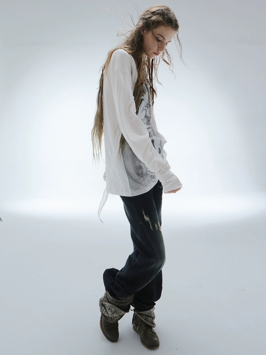 DoublePunch Lightweight Punk Loose Fit Long Sleeve Vintage Print Womens Travel T-Shirt