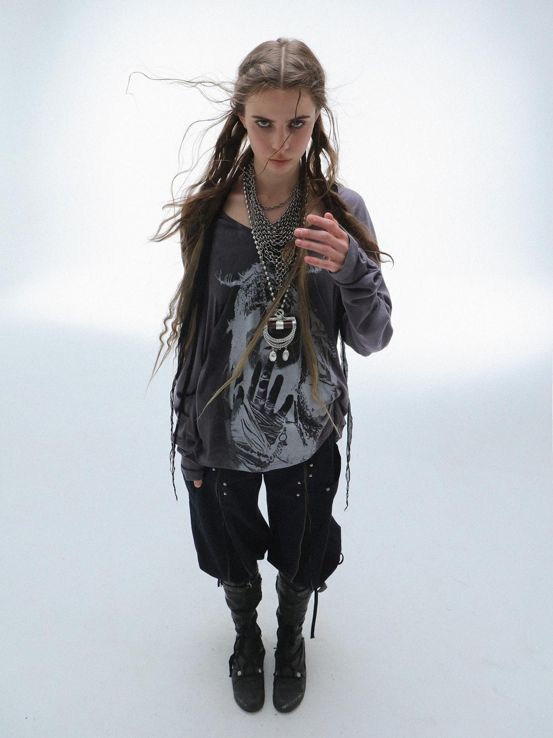 DoublePunch Lightweight Punk Loose Fit Long Sleeve Vintage Print Womens Travel T-Shirt