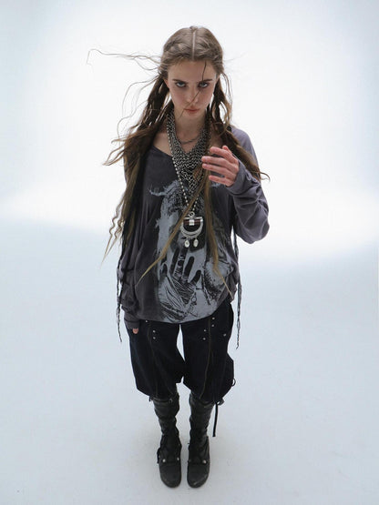 DoublePunch Lightweight Punk Loose Fit Long Sleeve Vintage Print Womens Travel T-Shirt