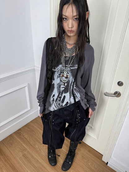 DoublePunch Lightweight Punk Loose Fit Long Sleeve Vintage Print Womens Travel T-Shirt