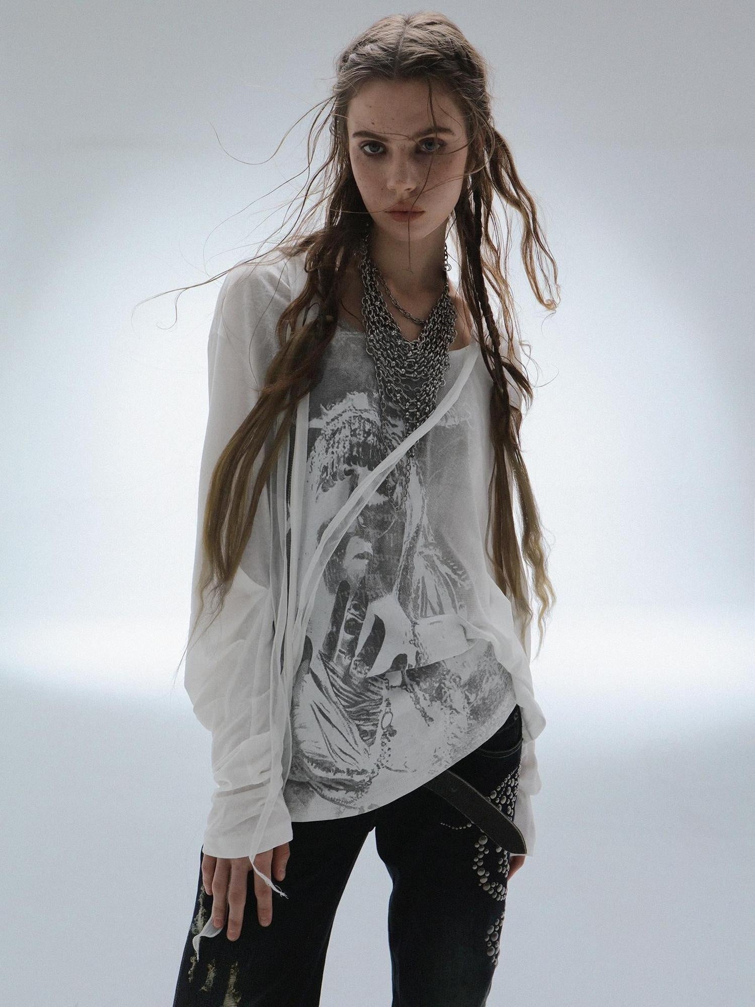 DoublePunch Lightweight Punk Loose Fit Long Sleeve Vintage Print Womens Travel T-Shirt