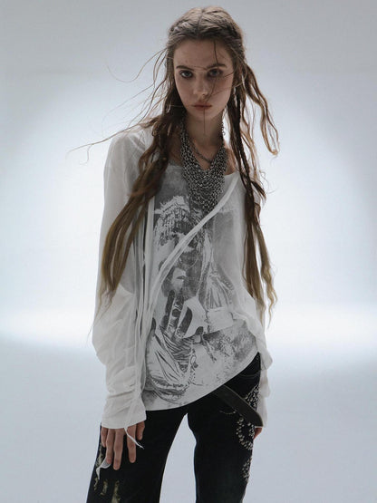 DoublePunch Lightweight Punk Loose Fit Long Sleeve Vintage Print Womens Travel T-Shirt